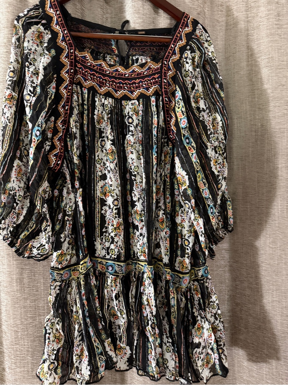 Free People Black and White Floral Embroidered Peasant Dress